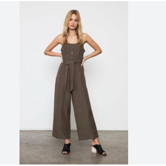 Rails Harper Button Front Cropped Linen Jumpsuit Olive Green - Picture 2 of 11